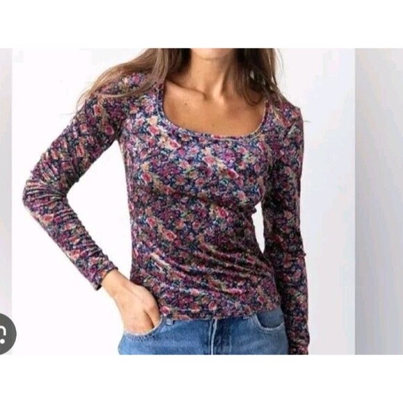 Natural Life Danielle Square Neck Long Sleeve Floral Velvet Top XS Y2k 90's Cute - Picture 1 of 4